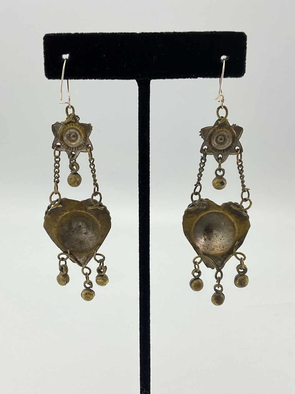 Vintage Heart & Star Chandelier Earrings, Brass, India, BoHo Festival - Picture 9 of 9